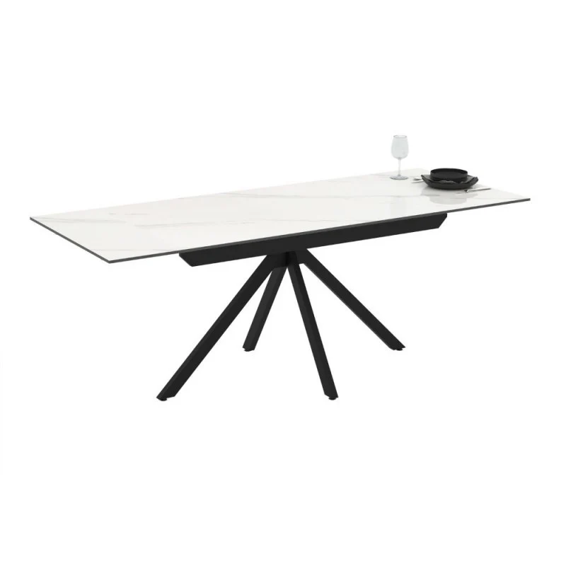 Tavolo allungabile in ceramica effetto marmo bianco e gambe in metallo nero 140/200x80x76H Perla