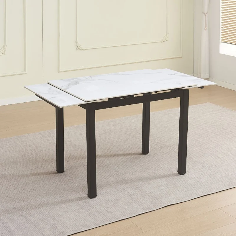 Tavolo allungabile Kyoto con piano in ceramica marmo bianco e struttura in metallo nero 100x70x75H