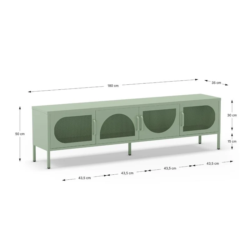 Porta TV in metallo con 4 ante reticolate colore verde menta 180x35x50H Tayra