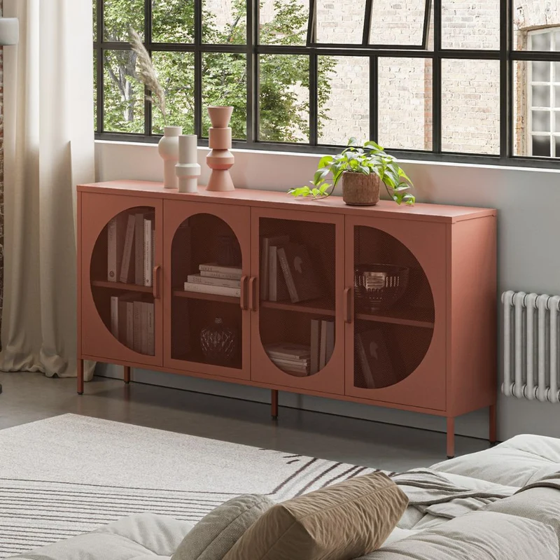 Credenza in metallo con 4 ante reticolate colore terracotta 160x40x90H Tayra