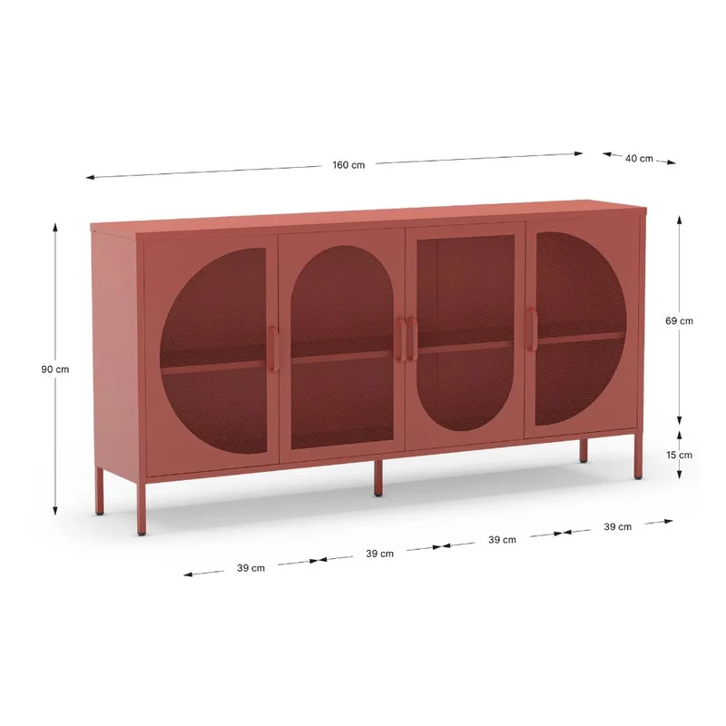 Credenza in metallo con 4 ante reticolate colore terracotta 160x40x90H Tayra