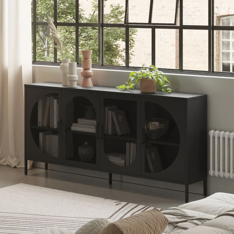 Credenza in metallo con 4 ante reticolate colore nero 160x40x90H Tayra