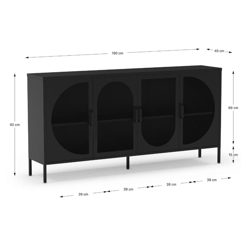 Credenza in metallo con 4 ante reticolate colore nero 160x40x90H Tayra