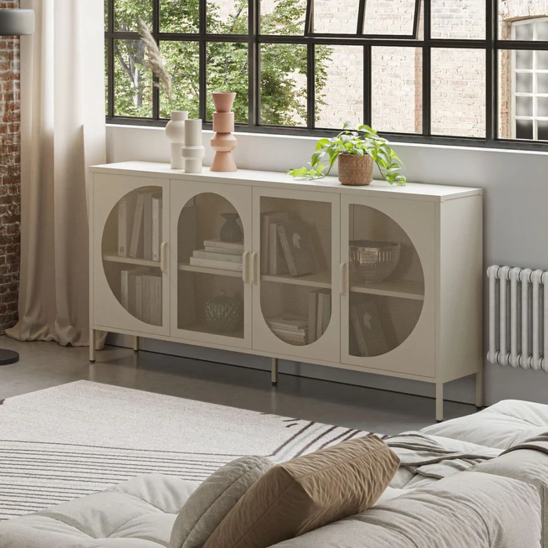 Credenza in metallo con 4 ante reticolate colore crema 160x40x90H Tayra