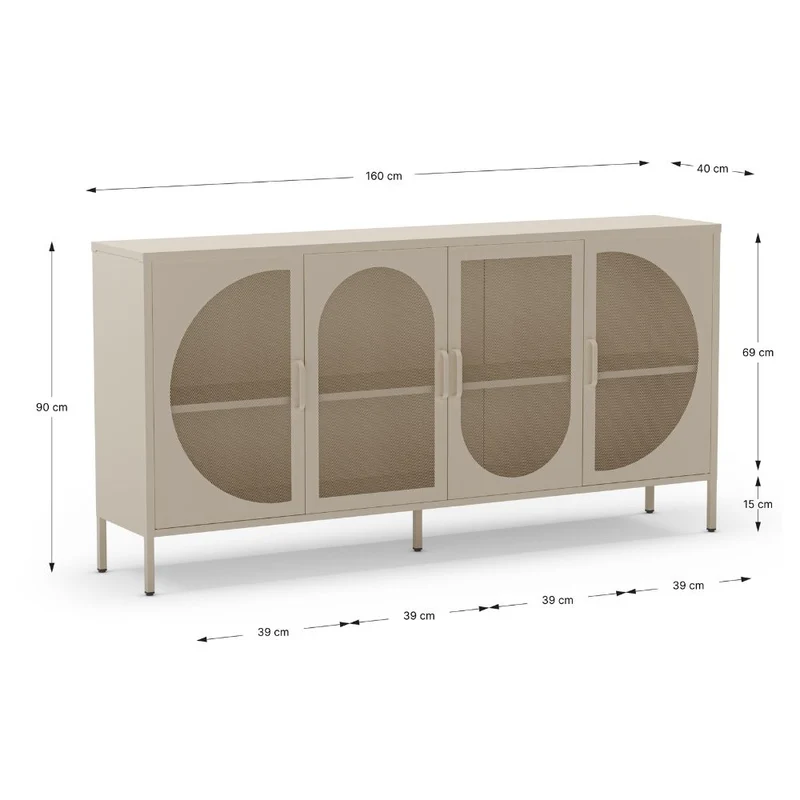 Credenza in metallo con 4 ante reticolate colore crema 160x40x90H Tayra