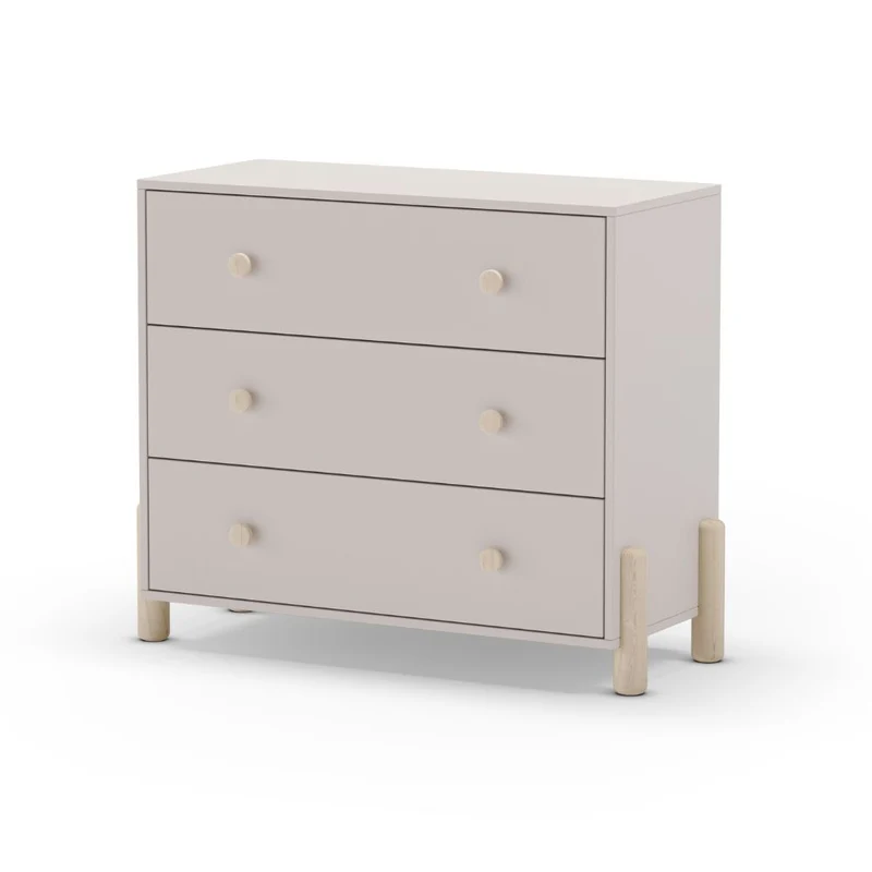 Cassettiera in legno massiccio con 3 cassetti beige e gambe in pino naturale 90x40x80H Enola
