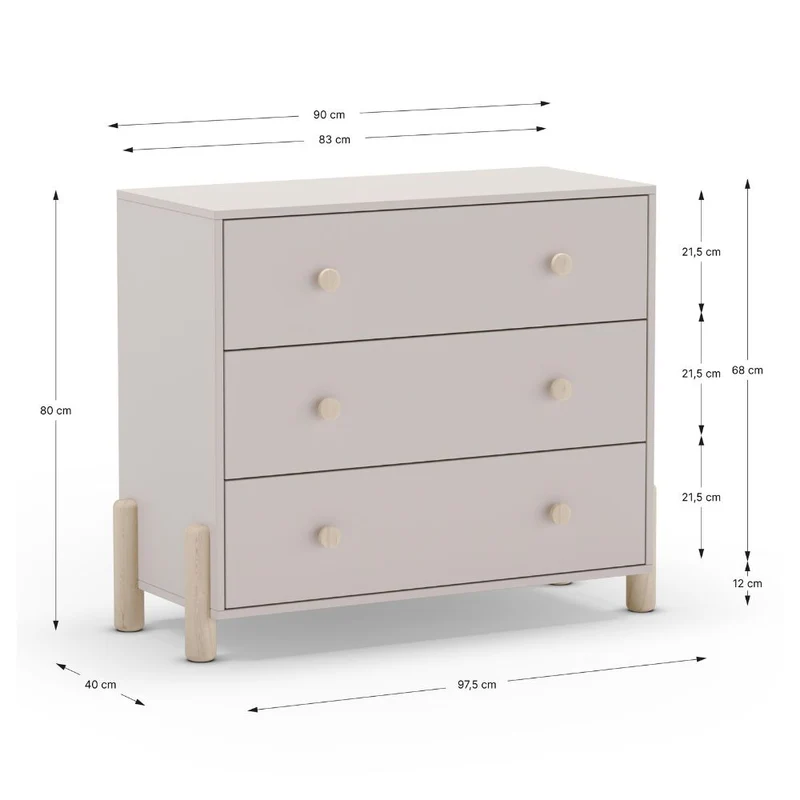Cassettiera in legno massiccio con 3 cassetti beige e gambe in pino naturale 90x40x80H Enola