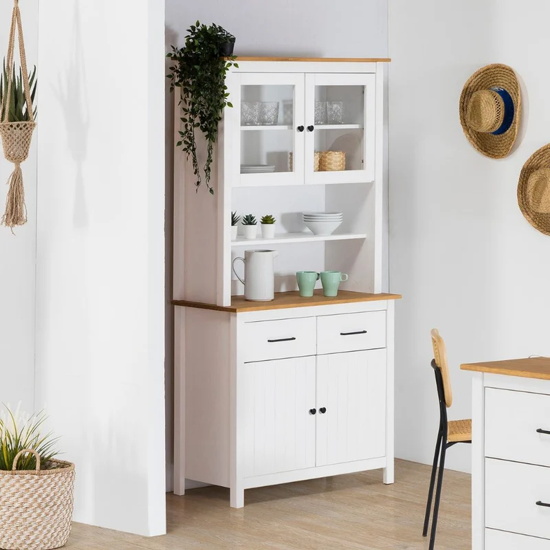 Credenza alta con vetrina in legno massiccio colore bianco e rovere 90x40x180H Miranda
