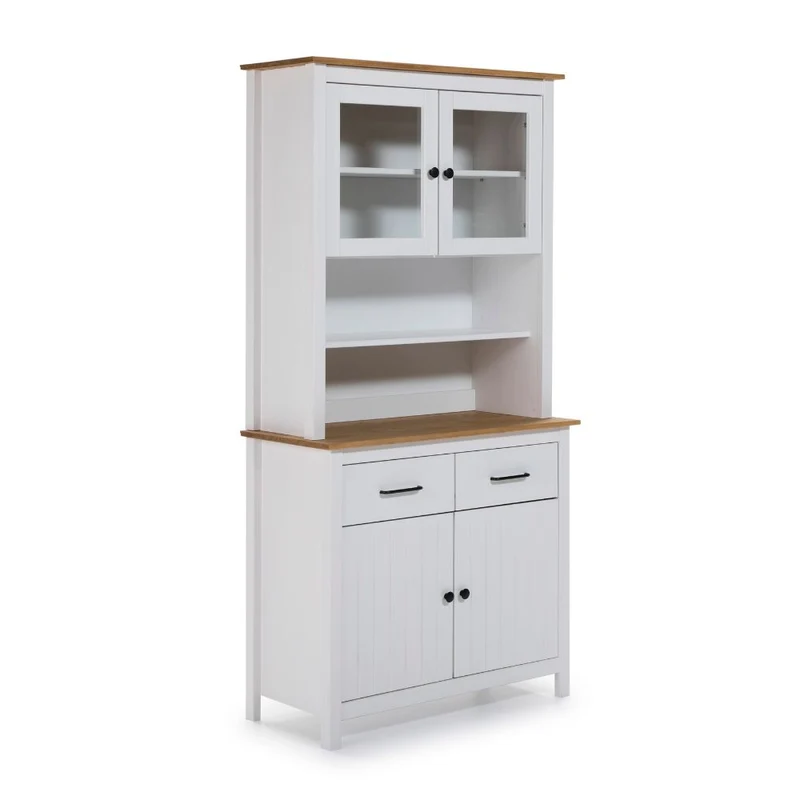 Credenza alta con vetrina in legno massiccio colore bianco e rovere 90x40x180H Miranda