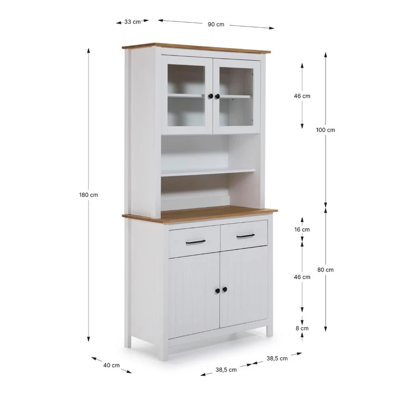 Credenza alta con vetrina in legno massiccio colore bianco e rovere 90x40x180H Miranda