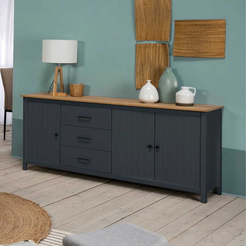 Credenza in legno massiccio colore blu e pino 191x40x80H Miranda