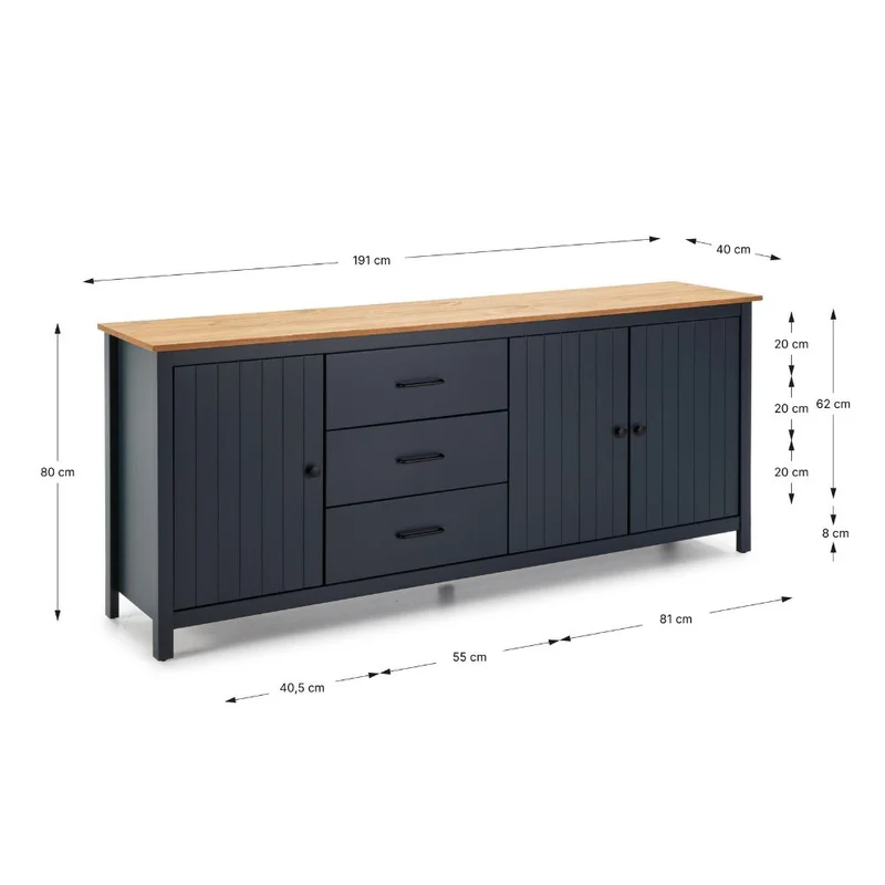 Credenza in legno massiccio colore blu e pino 191x40x80H Miranda