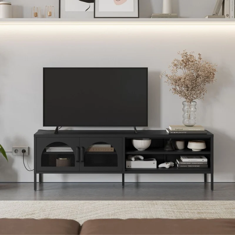 Mobile porta Tv in metallo nero con 2 ante reticolate 160x35x50H Diora