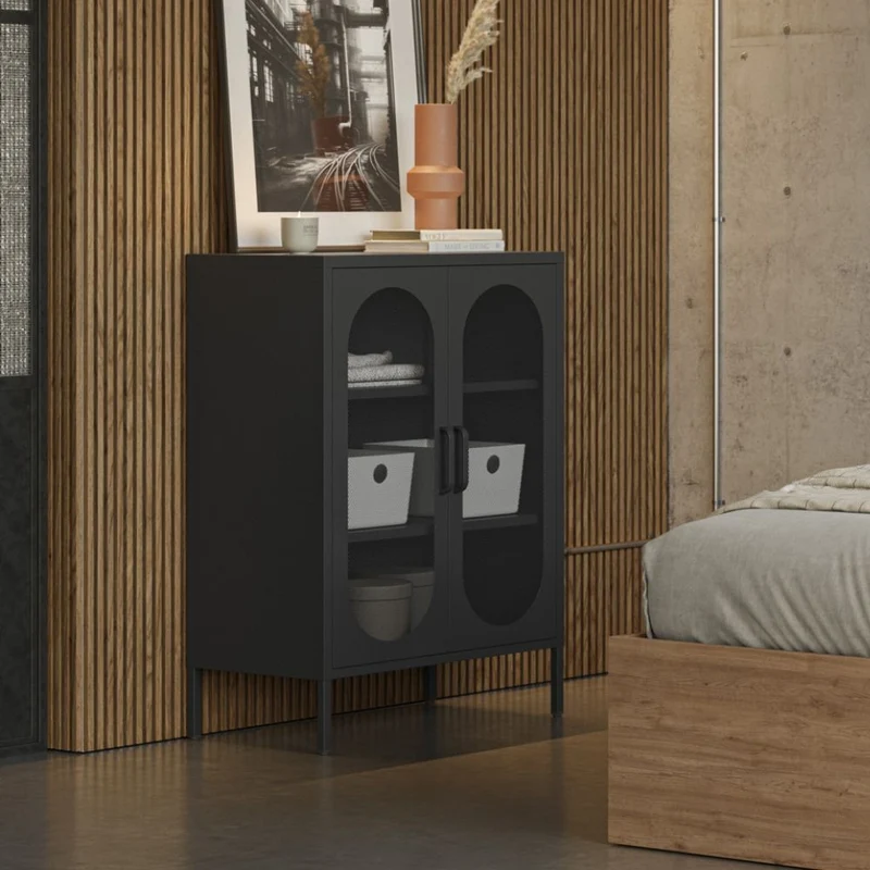 Mobile in metallo nero con ante reticolate 70x40x100H Diora