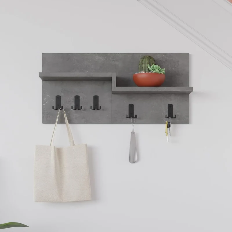 Appendiabiti a muro con mensole e 5 ganci Harmon colore retro grey