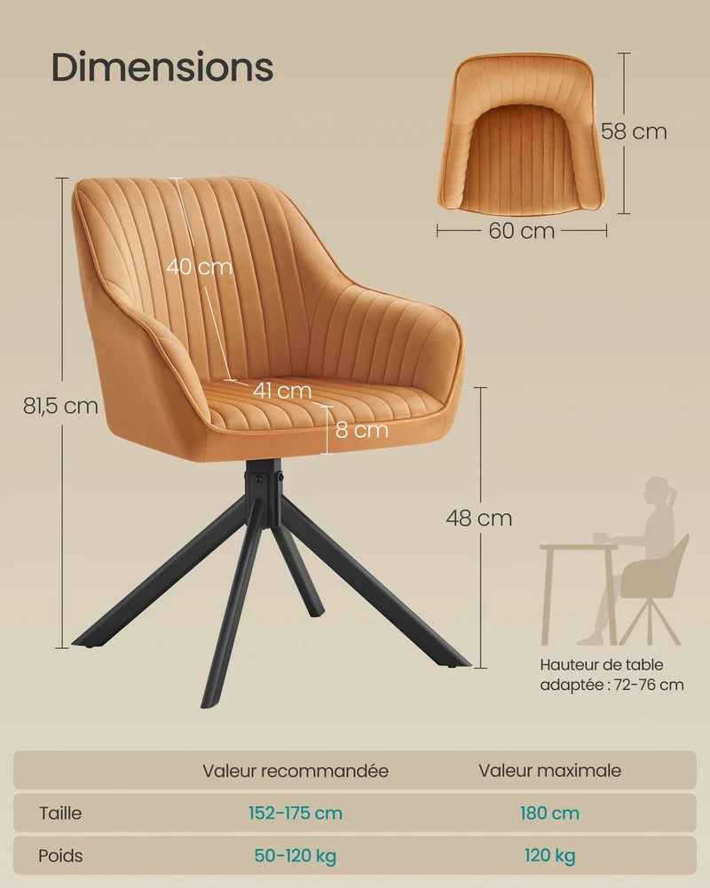 Lot de 2 chaises de salle à manger pivotante rembourrée confort ergonomique 58 x 60 x 81,5 cm en velours marron caramel 12_0012461