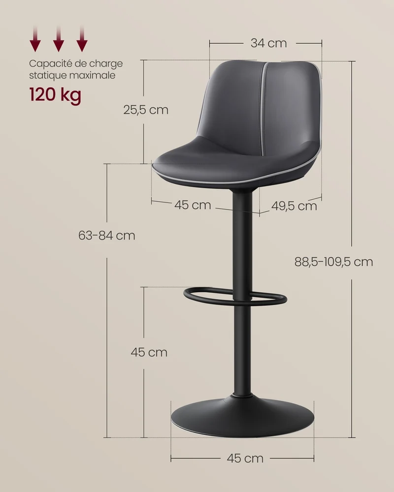 Lot de 2 tabourets de bar pivotants réglables hauteur 49,5 x 45 x 109,5 cm assise ergonomique style moderne en PU noir d'encre 12_0012450