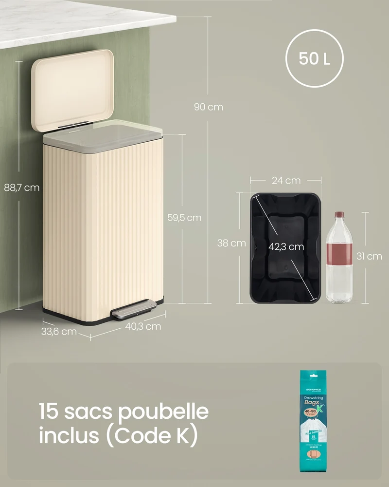 Poubelle de cuisine avec pédale 40,3 x 33,6 x 62,5 cm seau intérieur amovible acier noir 12_0012212