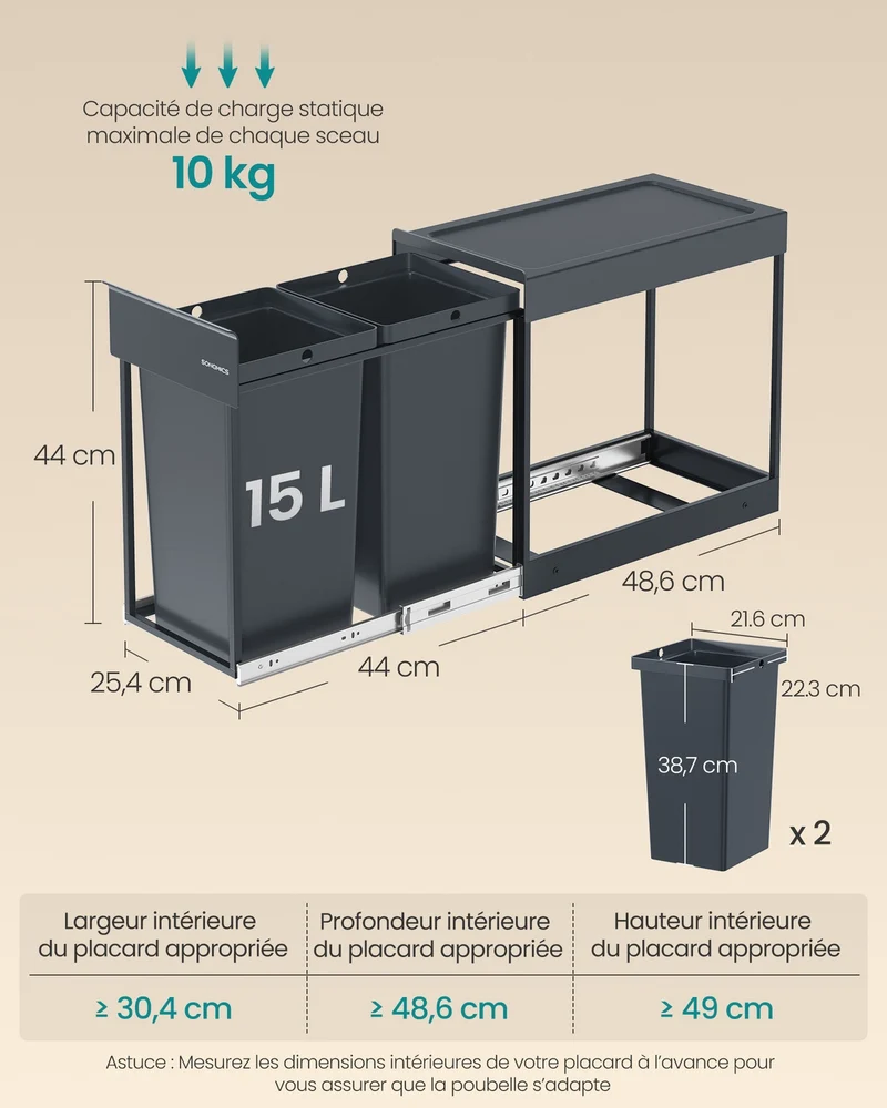 Poubelle de tri sélectif extractible coulissante 48,6 x 29,2 x 44 cm 2 seaux 15 L finition moderne en acier gris 12_0012070