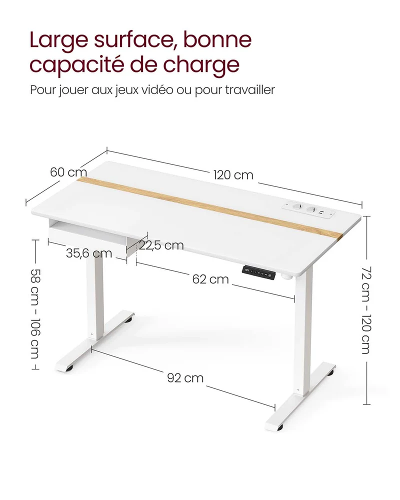 Bureau assis-debout réglable en hauteur 60 x 120 cm fonction mémoire ergonomique style rustique en aggloméré blanc 12_0010774