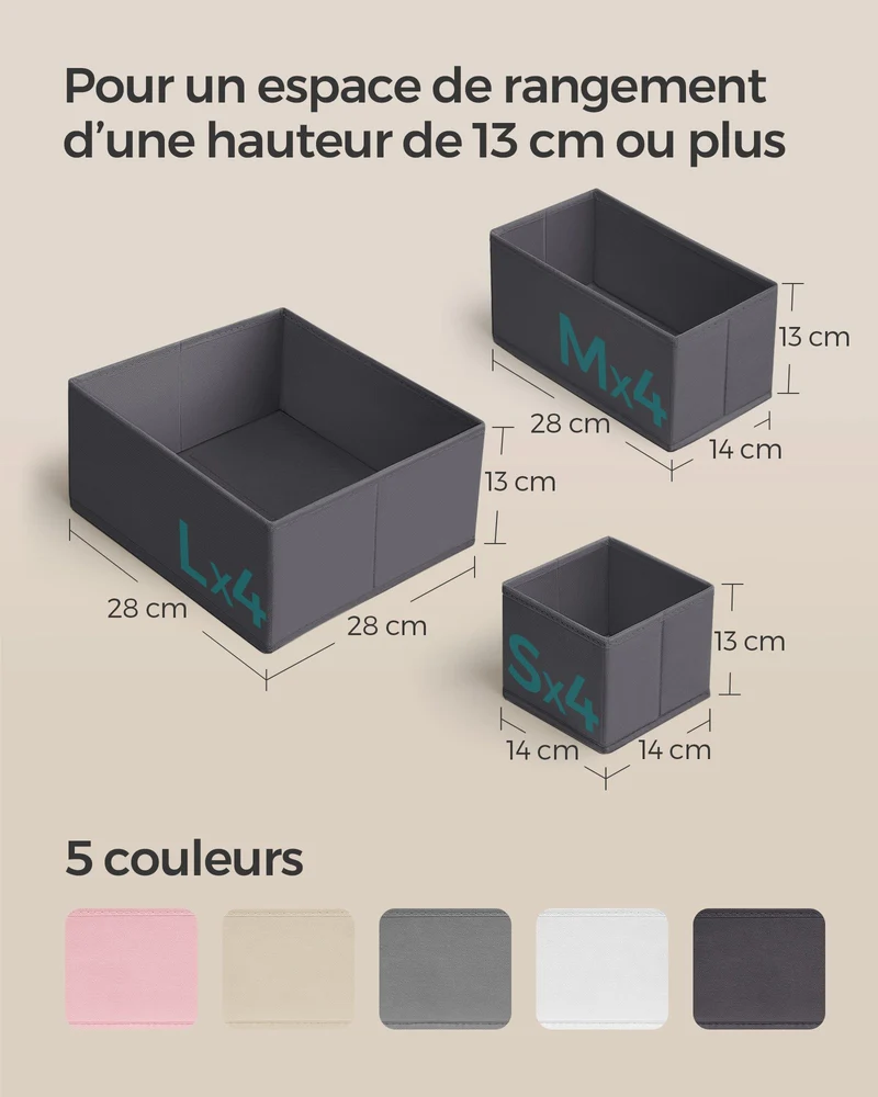 Lot de 6 organisateurs de tiroirs pour sous-vêtements 28 x 28 x 13 cm rangement pratique ambiance moderne en tissu non-tissé gris 12_0009516