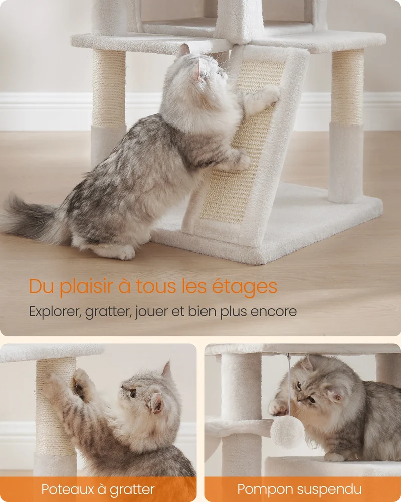 Arbre à chat avec planche à gratter 48 x 48 x 96 cm design moderne confort et jeu en aggloméré blanc crème 12_0008987
