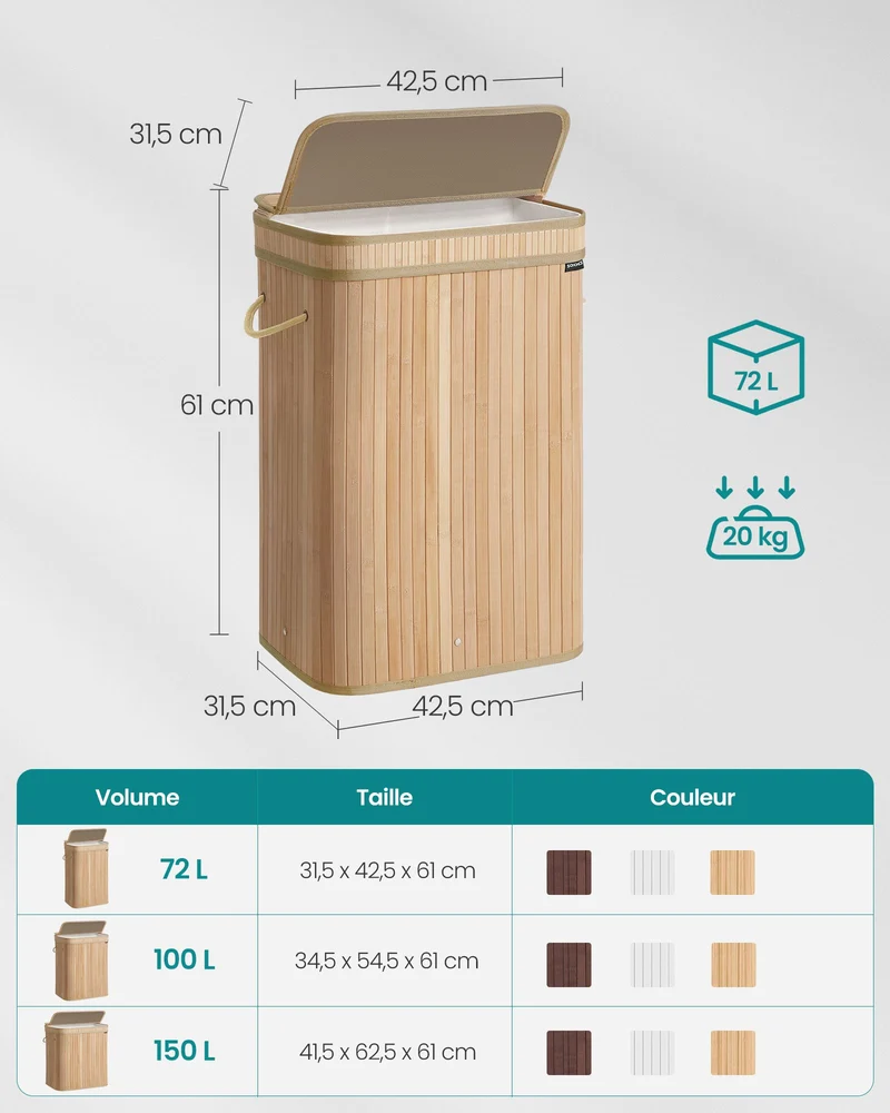 Panier à linge design épuré 31,5 x 42,5 x 61 cm en bambou naturel 12_0013164