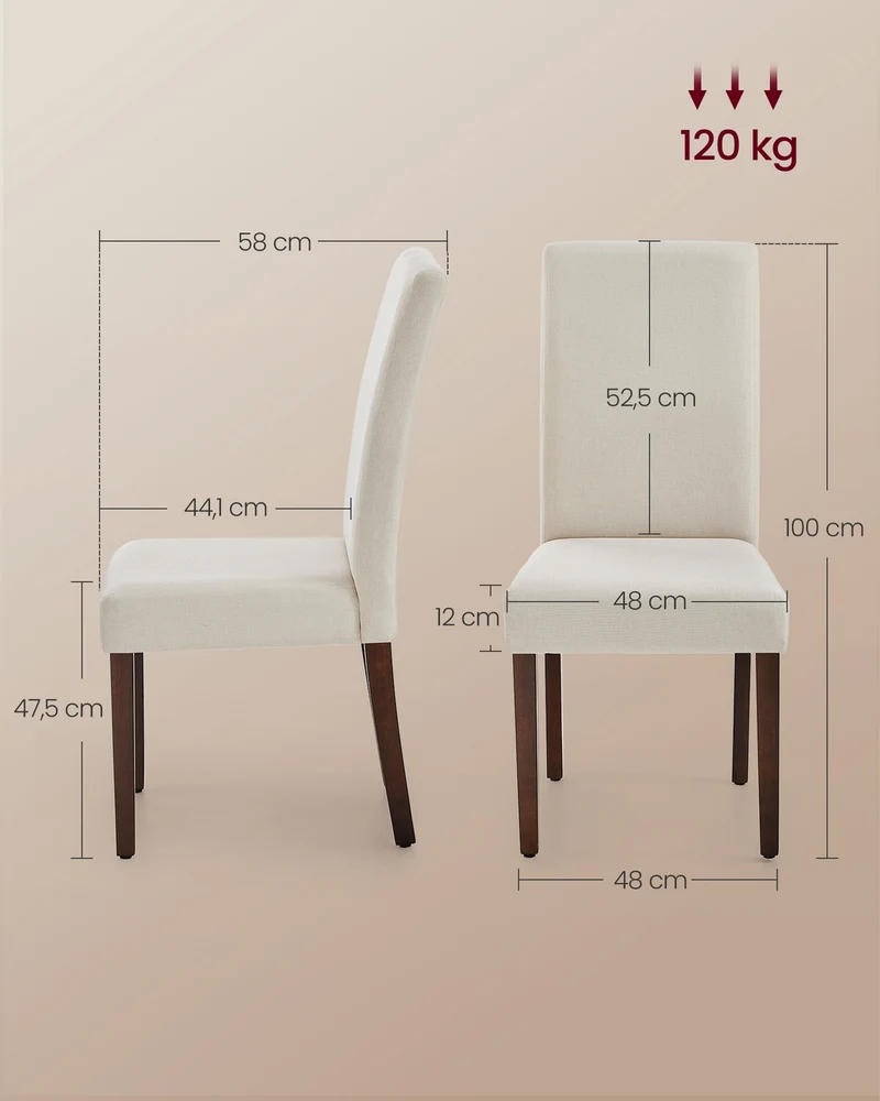 Lot de 2 chaises de salle à manger haut dossier assise épaisse 58 x 48 x 100 cm en bois d'hévéa blanc crème 12_0013054