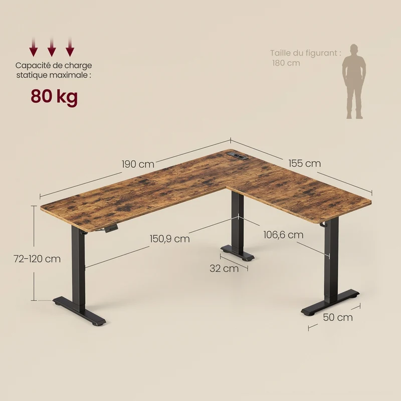 Bureau d'angle réglable en hauteur 190 x 155 cm forme de L avec étagère pratique style vintage en panneau de particules marron 12_0012895