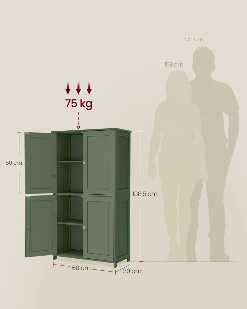 Armoire de rangement moderne salle de bain 30 x 60 x 108,5 cm avec 2 étagères réglables style shaker en MDF vert forêt 12_0012555