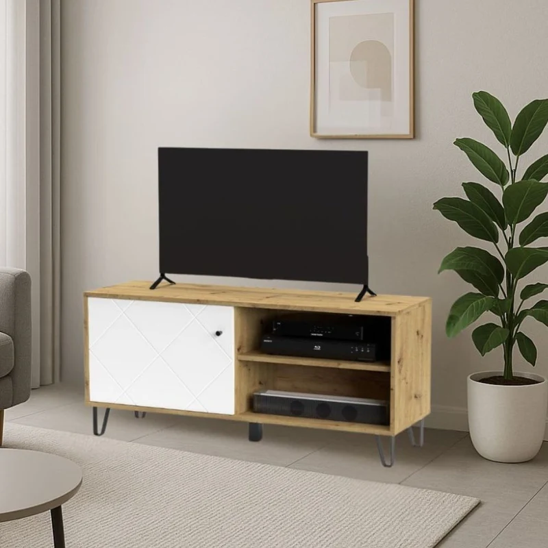 Mobile porta TV 1 anta e vano a giorno BolloBO01B 123x40x55H colore rovere bianco
