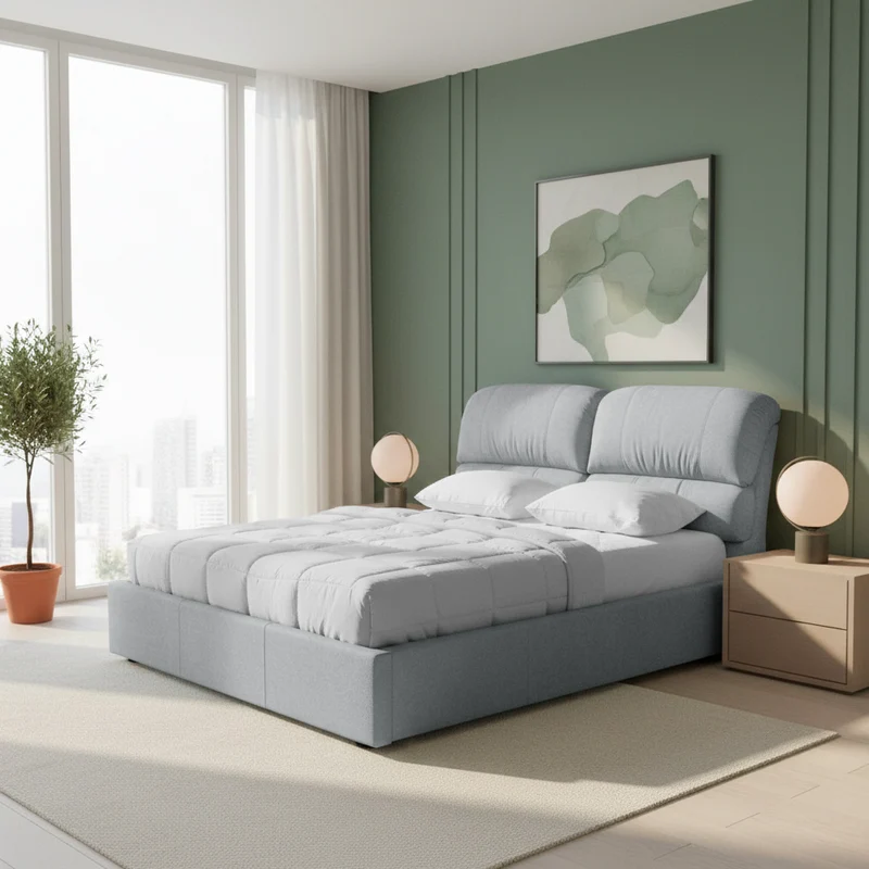 Letto matrimoniale con contenitore in tessuto colore grigio chiaro - Sofaback