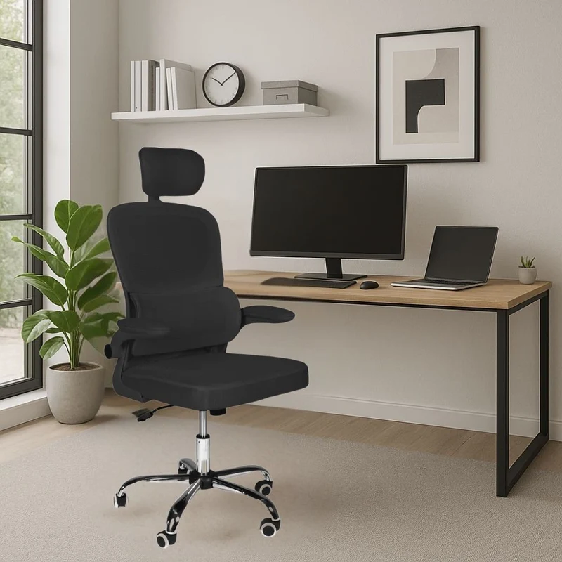 Poltrona da ufficio ergonomica in rete nera con base cromata e ruote - Ribis