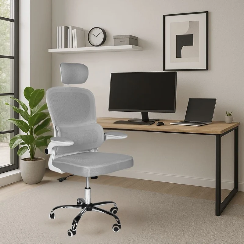 Poltrona da ufficio ergonomica in rete grigia con base cromata e ruote - Ribis