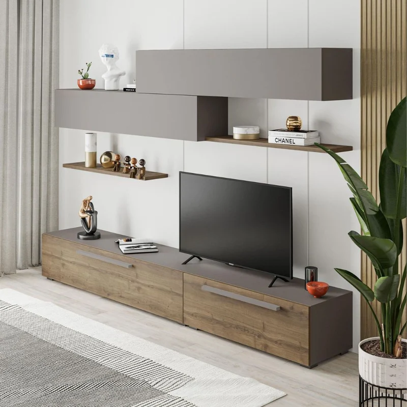 Parete attrezzata porta tv con ante e mensole colore hitit e light mocha 260 cm - Mokat