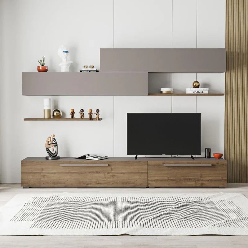 Parete attrezzata porta tv con ante e mensole colore hitit e light mocha 260 cm - Mokat