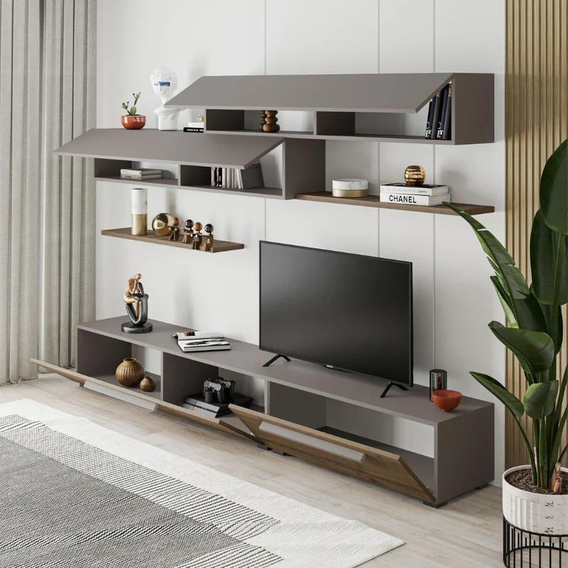 Parete attrezzata porta tv con ante e mensole colore hitit e light mocha 260 cm - Mokat