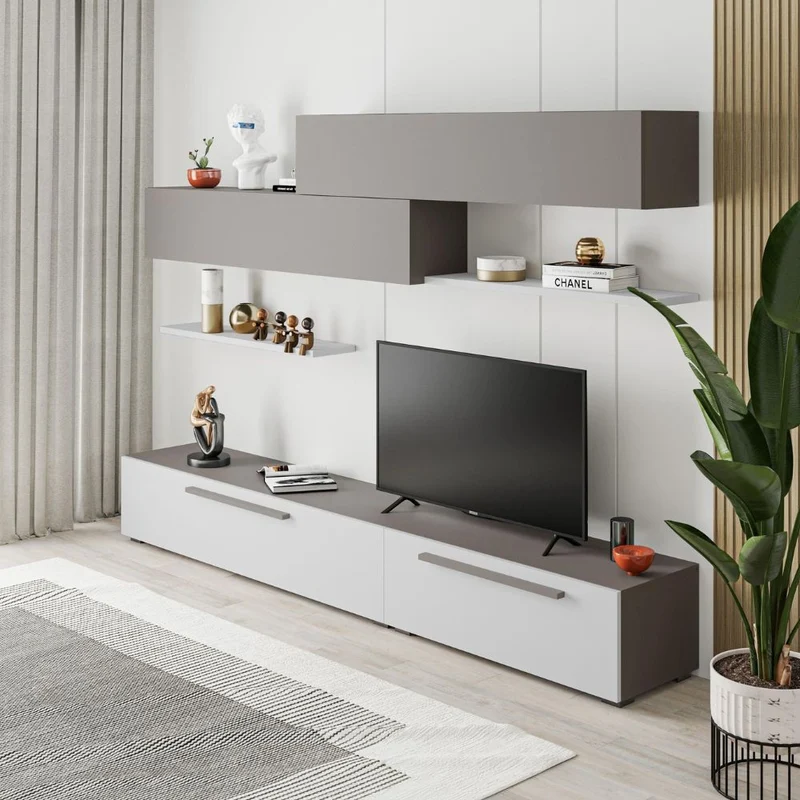 Parete attrezzata porta tv con ante e mensole colore bianco e light mocha 260 cm - Mokat