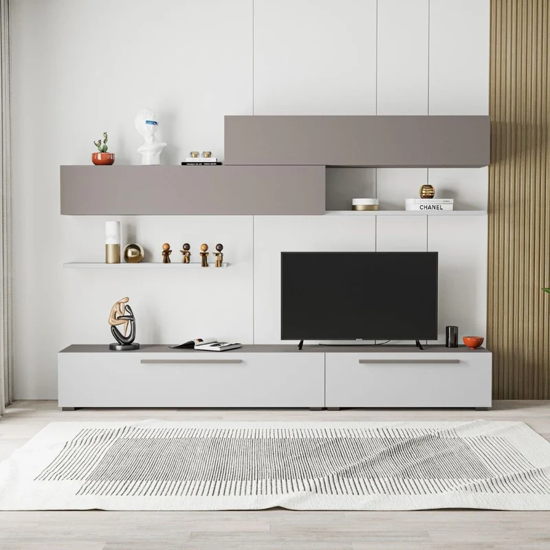 Parete attrezzata porta tv con ante e mensole colore bianco e light mocha 260 cm - Mokat
