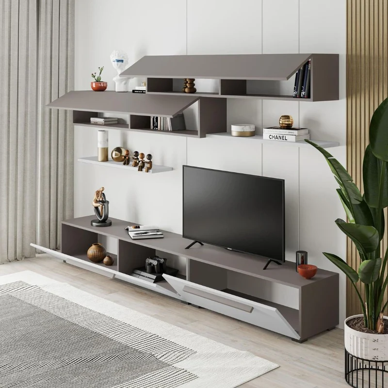 Parete attrezzata porta tv con ante e mensole colore bianco e light mocha 260 cm - Mokat