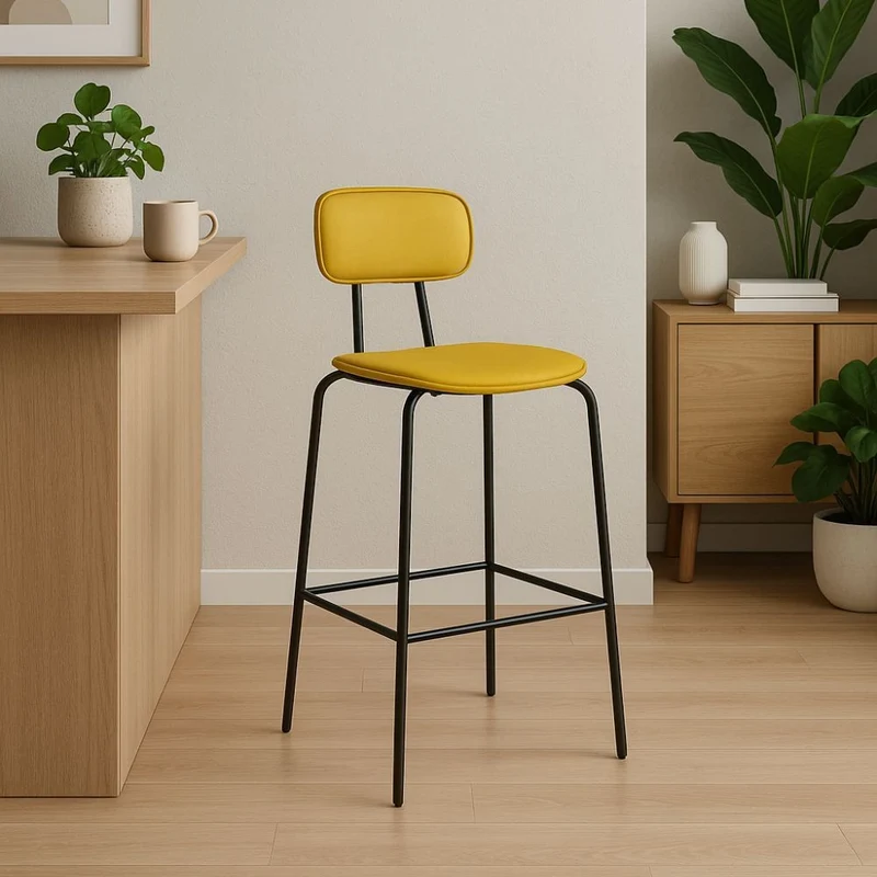 Sgabello con struttura in metallo nero e seduta in pvc effetto cuoio giallo - Jaty