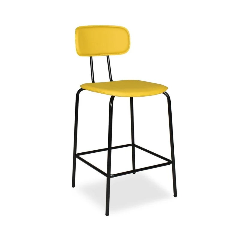 Sgabello con struttura in metallo nero e seduta in pvc effetto cuoio giallo - Jaty