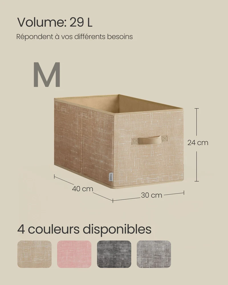 Lot de 3 paniers de rangement pliables 40 x 30 x 24 cm avec 2 poignées style moderne déco chambre en tissu beige 12_0011241