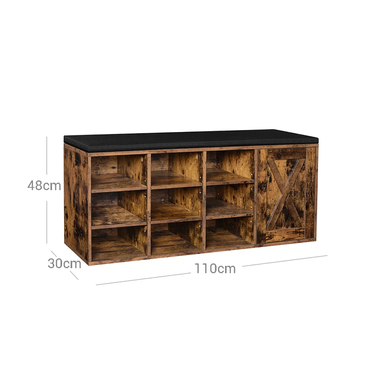 Banc à chaussures 9 compartiments ouverts et 1 placard rangement entrée assise confortable 110 x 30 x 48 cm en aggloméré marron 12_0009302