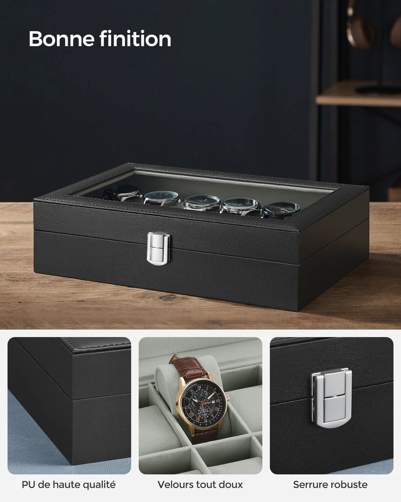 Boîte à montres avec 12 compartiments coffre verrouillable 32 x 18,6 x 8,5 cm protection optimale en cuir synthétique noir
