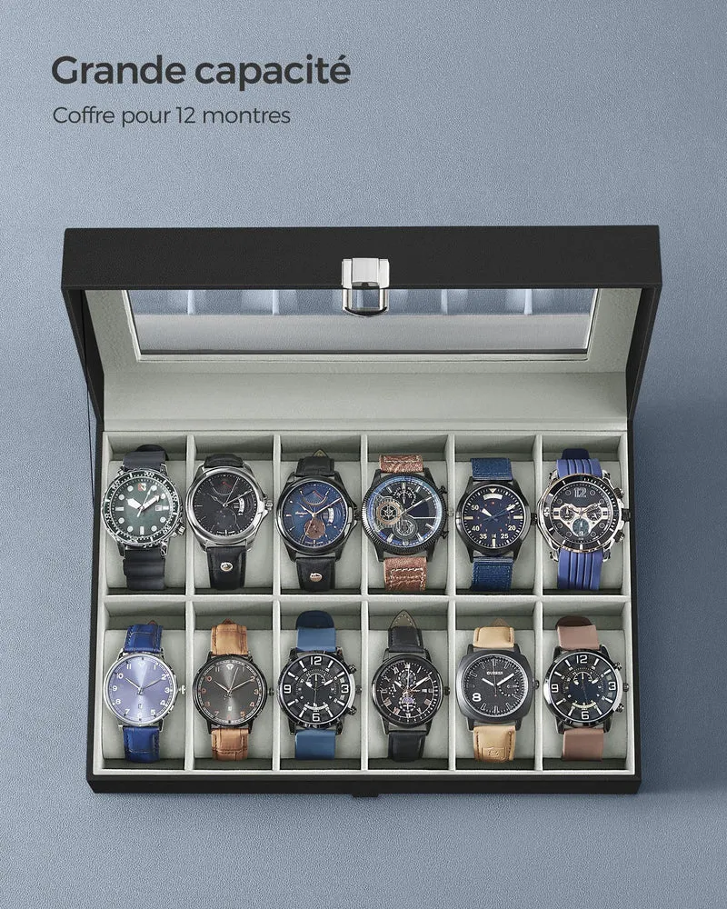 Boîte à montres avec 12 compartiments coffre verrouillable 32 x 18,6 x 8,5 cm protection optimale en cuir synthétique noir