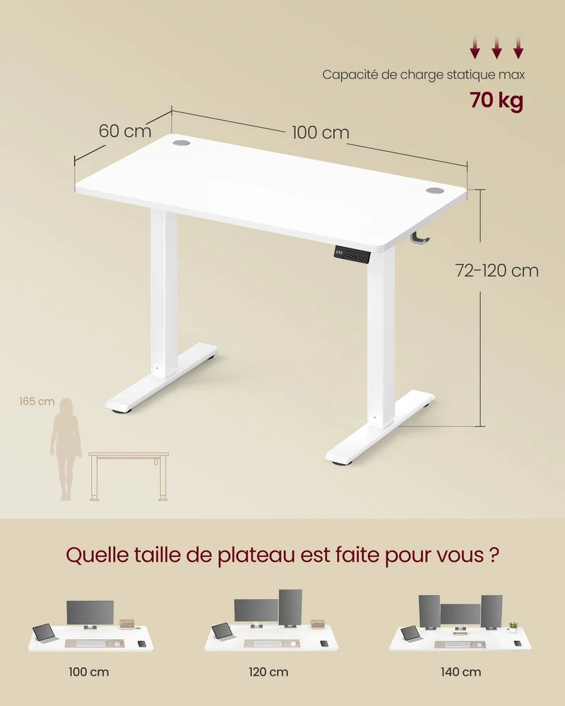 Bureau assis-debout réglable hauteur 100 x 60 cm fonction mémoire 4 niveaux télétravail style moderne en aggloméré blanc 12_0012988
