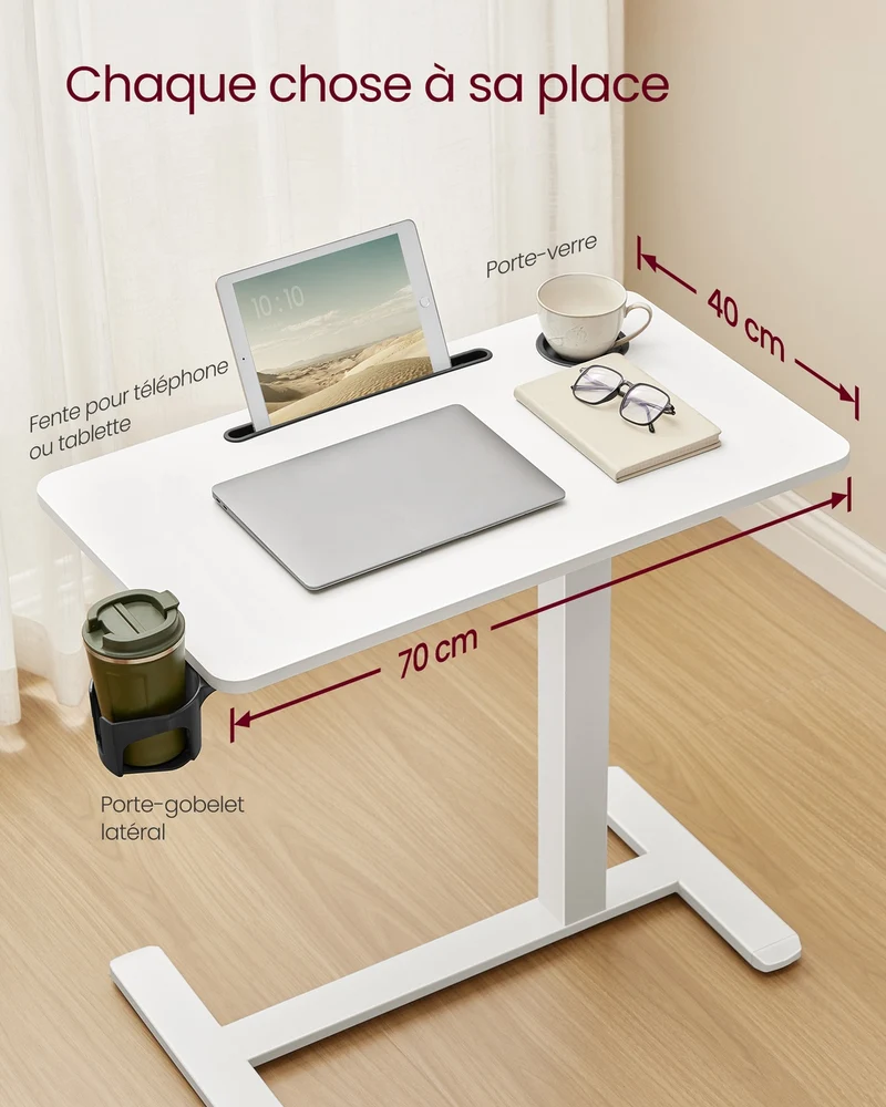 Bureau assis-debout mobile réglable en hauteur 70 x 40 cm avec 2 porte-gobelets et fente tablette en acier blanc 12_0012922