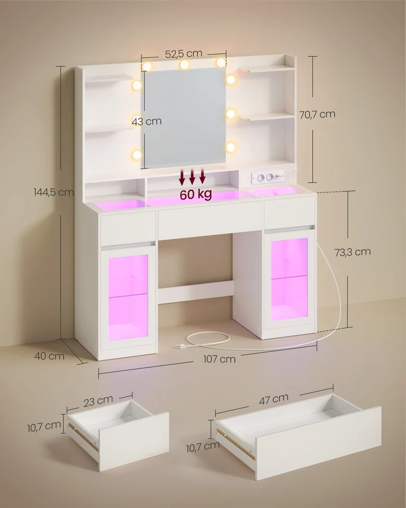 Coiffeuse avec miroir éclairage LED 107 x 40 x 144 cm rangement pratique style moderne en MDF blanc mat 12_0012063