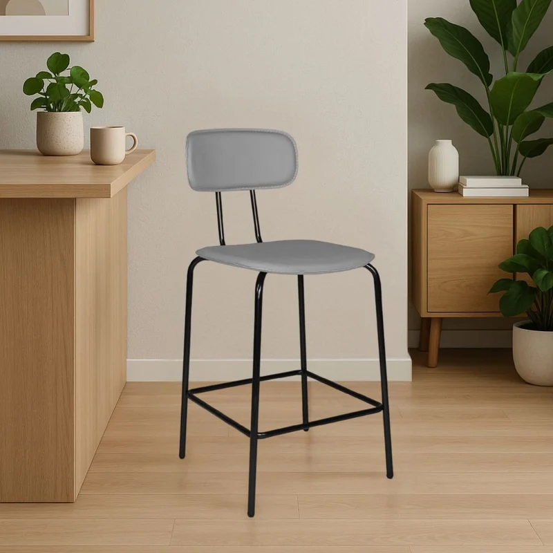 Sgabello con struttura in metallo nero e seduta in pvc effetto cuoio grigio - Jaty